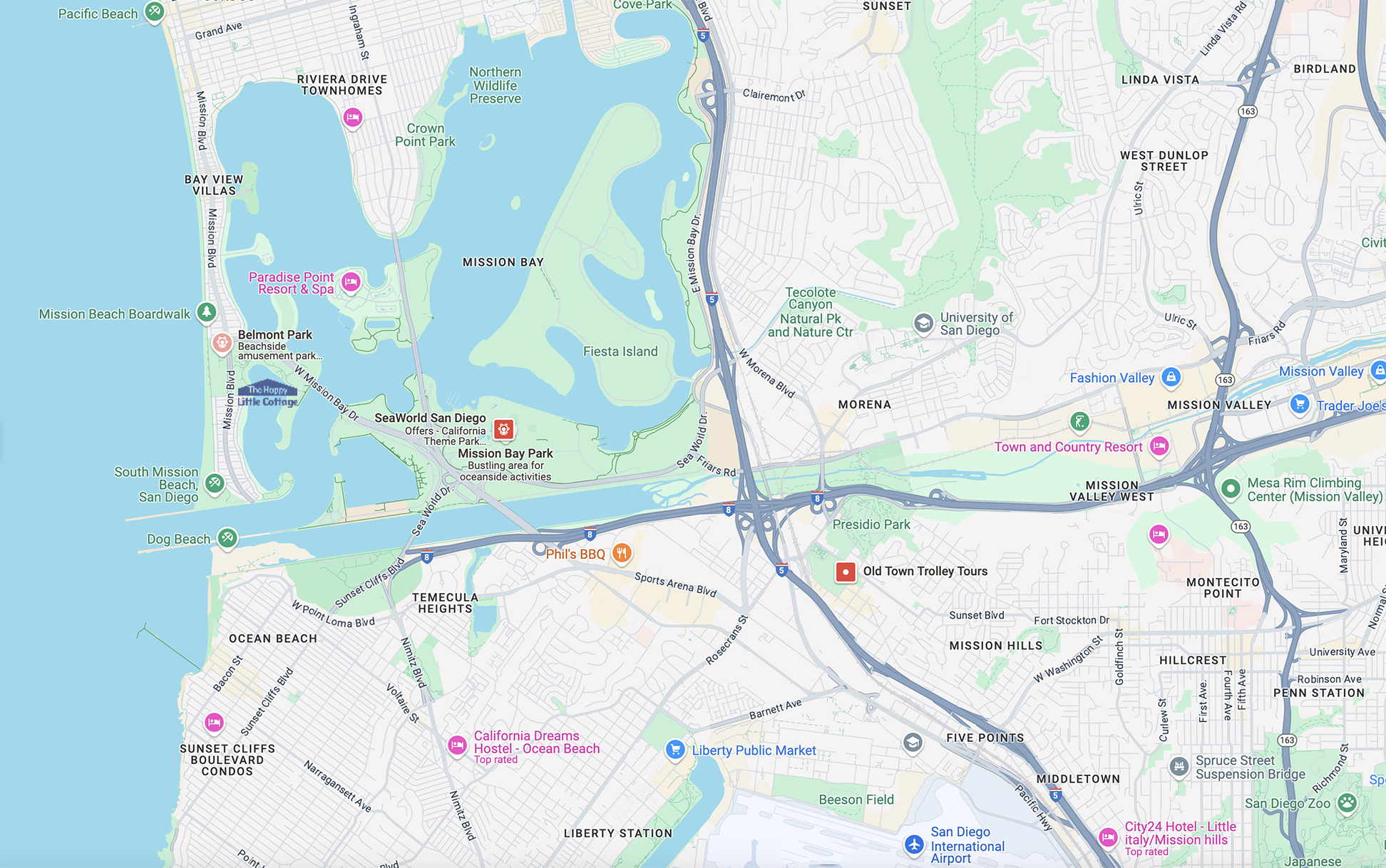 A map showing the approximate location of The Happy Little Cottage near Mariners Basin. Book for exact location.